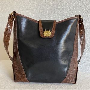 Brahmin black brown croc bucket bag